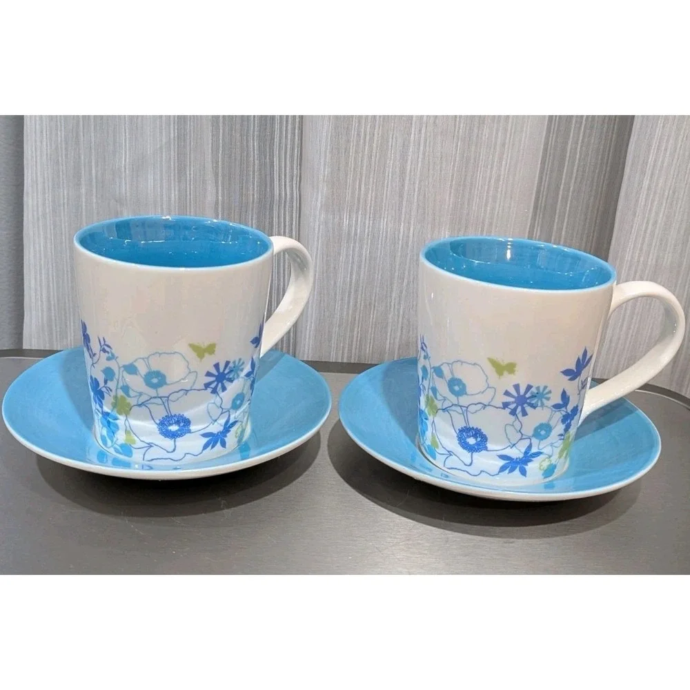 Starbucks 2006 4-Pc Iridescent Blue Pearl Floral Butterflies 2 Cups & 2 Saucers‎